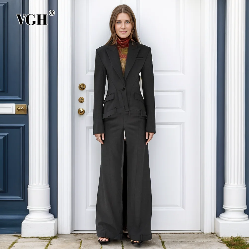 

VGH Solid Two Piece Sets For Women Notched Collar Long Sleeve Irregular Blazers High Waist Wide Leg Pants Minimalist Set Female