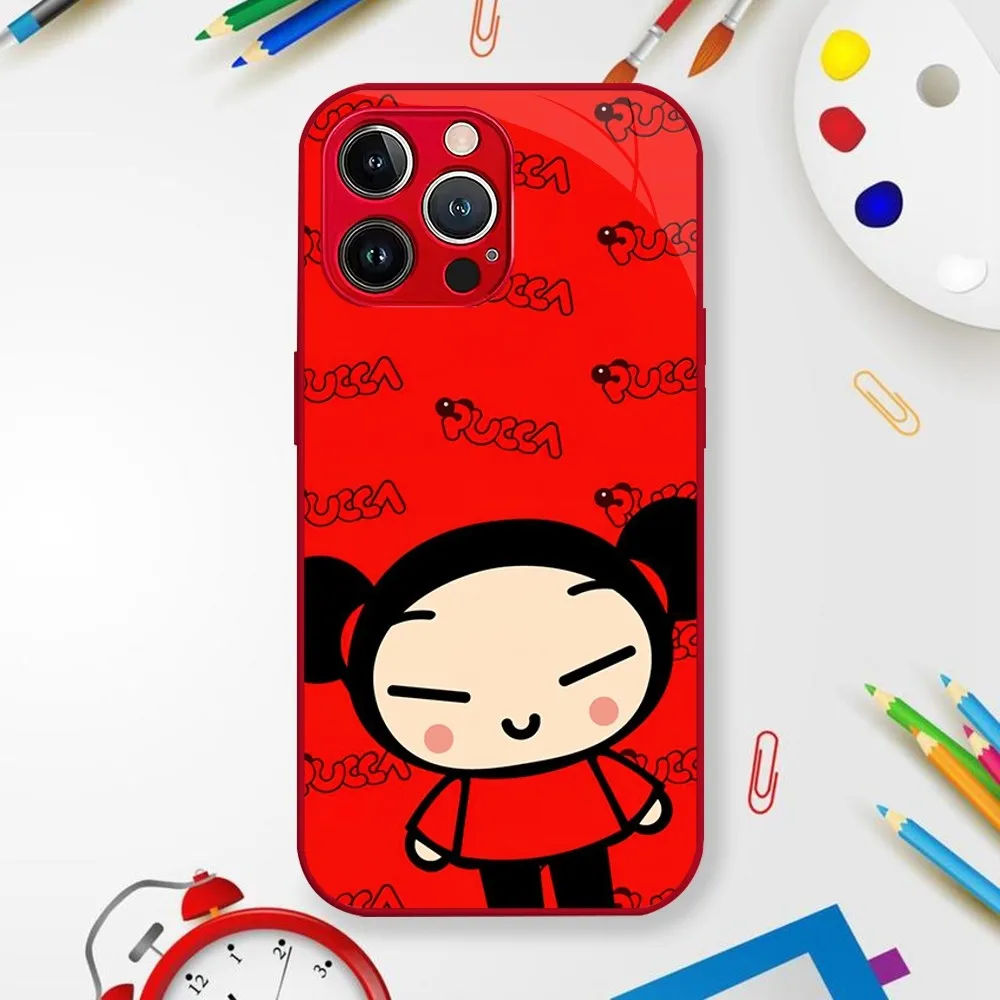 MINISO Disney Cartoon P-Pucca Phone Case For iPhone 11 12 13 14 Mini Pro XS Max X S Plus XR Electroplated Painted Glass Shell