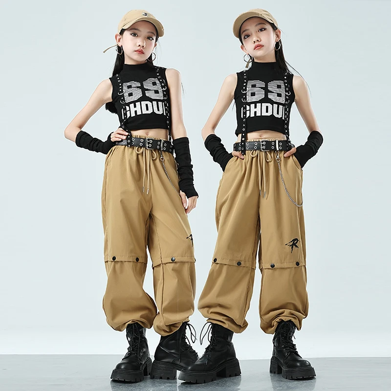 2024 New Children's Hip Hop Dance Outfits Girl's Trendy Cool Motorcycle Show Set Open Navel JAZZ Dance Performance Costume XH522