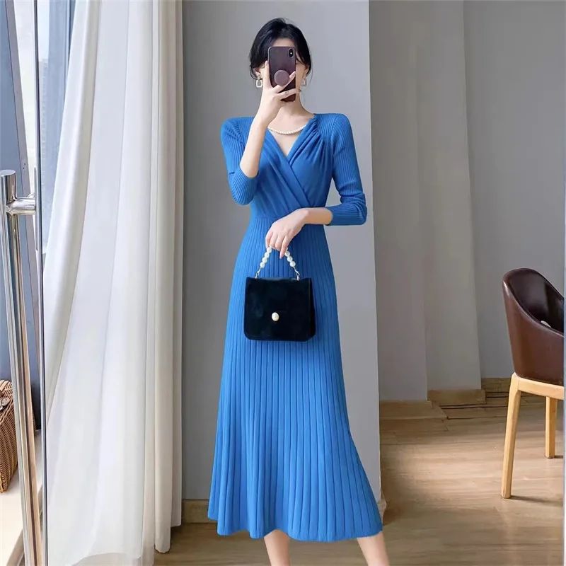 Chic Fashion Sexy Package Hips Rib Knitted Bodycon Dress 2025 Autumn Winter Elegant Peal V-neck Sweater Dress 2025 New