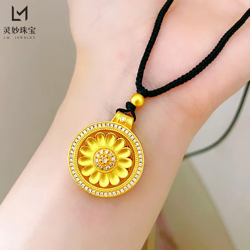 

Luxury 9999 24K real gold dot diamond sunflower compass rotating pendant rope girl small daisy rotatable disc necklace