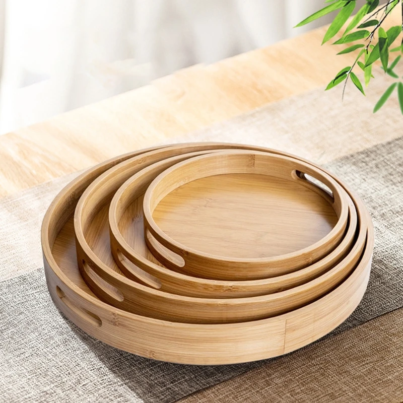 Wooden Round Serving Tray Wood Plate Tea Food Dish Drink Platter Multipurpose