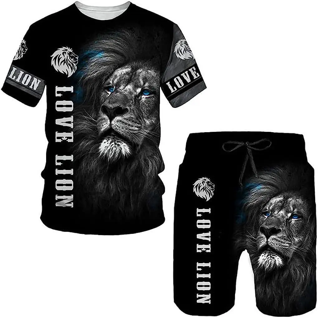 Men\'s Cool Lion Print T-shirt Suit 3D Summer Casual Style Male Tees Shorts Set Popular Outdoor Men\'s Clothing O-neck Sportswear