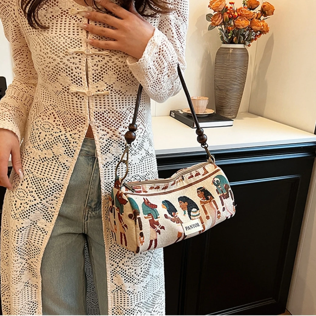 Women\'s Egyptian Large Capacity Zipper Crossbody Bag with Creative Pharaoh Design Retro Ethnic Casual Tote Designer Handbag