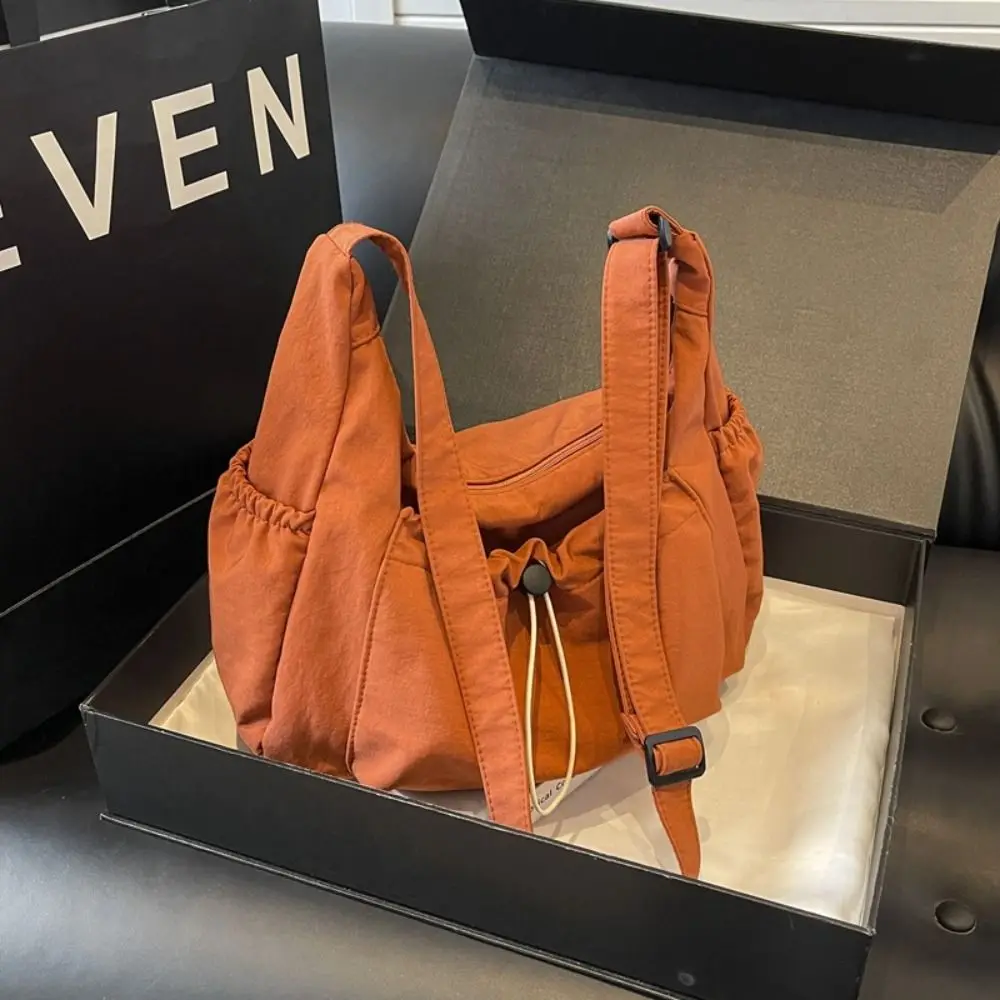 

Solid Color Drawstring Tote Bag Elastic Rope Lightweight Nylon Crossbody Bag Large Capacity Korean Style Pleated Shoulder Bag