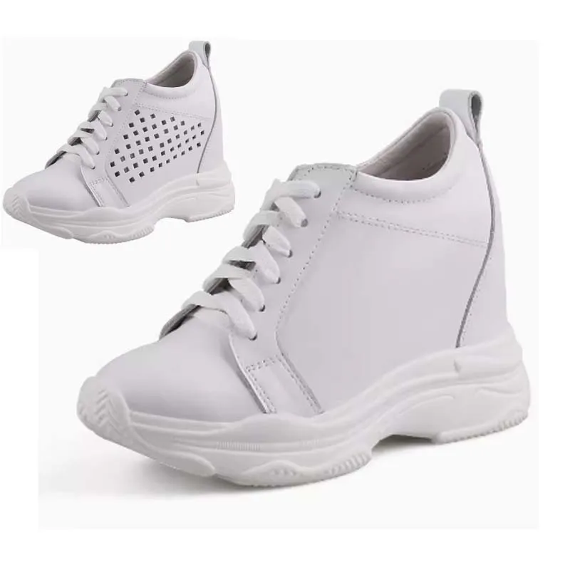 Women's shoes with height increasing 10 cm wedges soft sole genuine leather comfortable sneakers casual dad's shoes