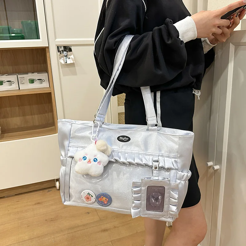 

Richme Kawaii Women Ita Bags 2025 Ruffles Plaid Large Capacity Tote Bag Harajuku Students DIY Anime Badge Shoulder Bolso Mujer