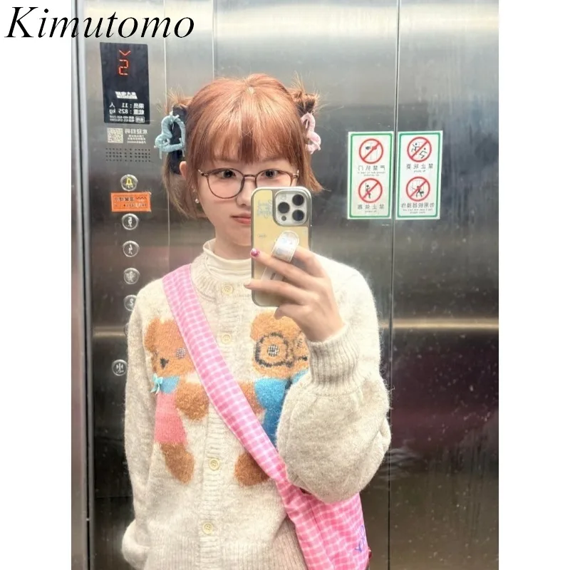 

Kimutomo Knitted Cardigan Women Sweet Cartoon Bear O Neck Autumn Winter Loose Y2k Harajuku Sweater Funny Ladies Casual