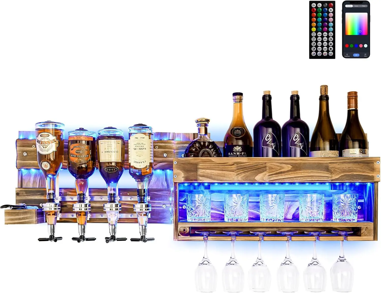 

Wine Rack with LED Light Wall Mounted Wood Alcohol Shelf with Bottle Stemware Glass Holder Rustic Whiskey Display Storage with 4