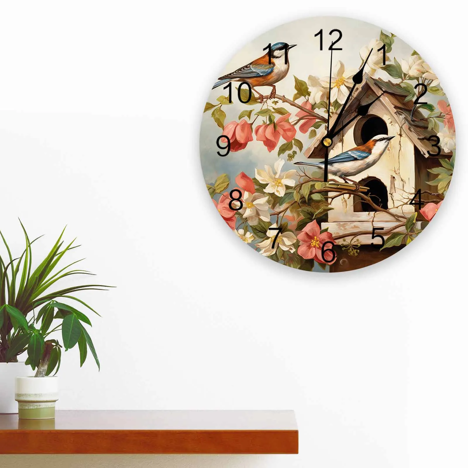 Spring Retro Bird House Flower Bird Printed Wall Clock Modern Silent Clock Living Room Home Decor Wall Hanging Watch