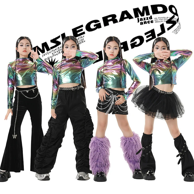 

Детские лазерные верхние брюки для девочек, костюм для соревнований по джазовому танцам, детская одежда для бальных танцев, танцевальная одежда в стиле хип-хоп, XS10776