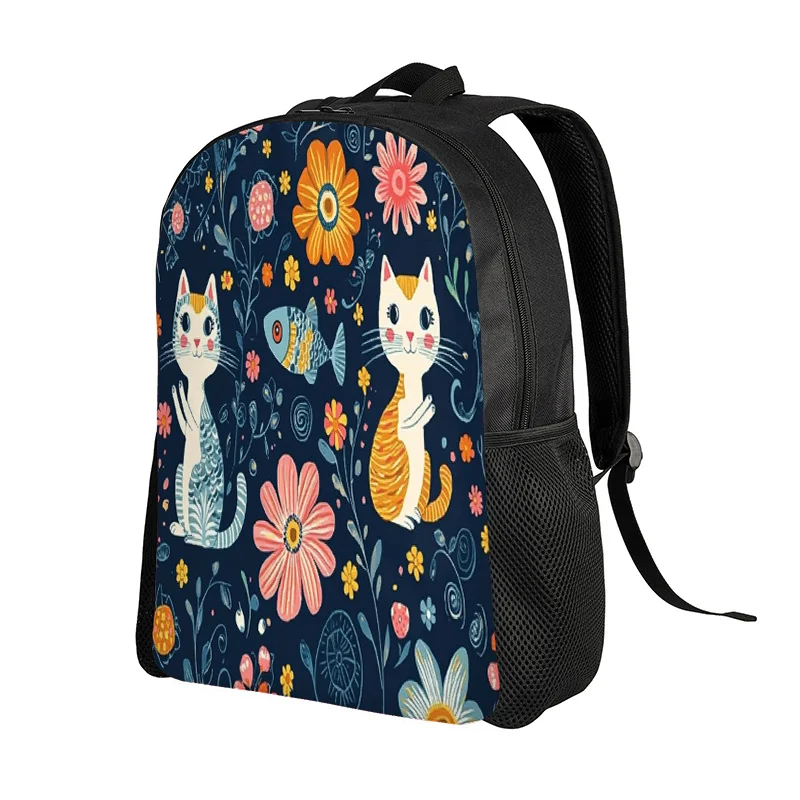 

Ladies Cute Cat with Floral Print Backpack - Large Capacity School Travel Backpack with Adjustable Strap, Zipper Closure