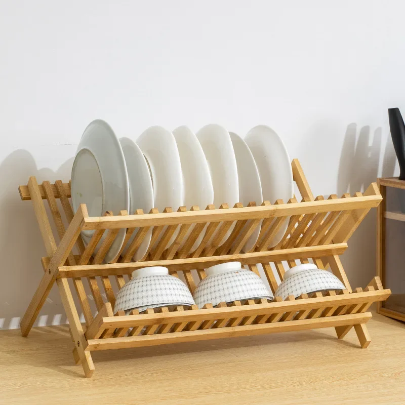 

Drainer Folding Dish Drying Rack Easy Clean Durable Practical Plate Home Kitchen 2 Tier Gifts Retro Natural Bamboo Restaurant