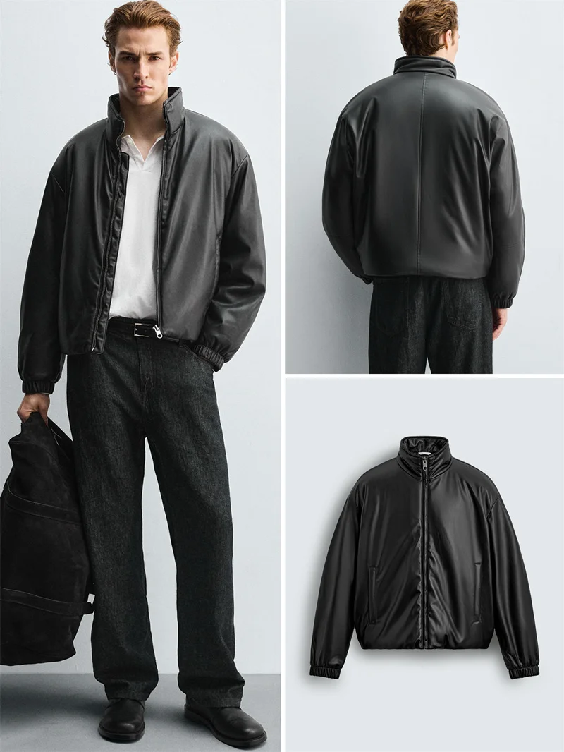 

Faionable Loose Leather Jaet Men's Autumn Winter New Arrival Zipper Closure Cotton Outerwear Youth Active Sle