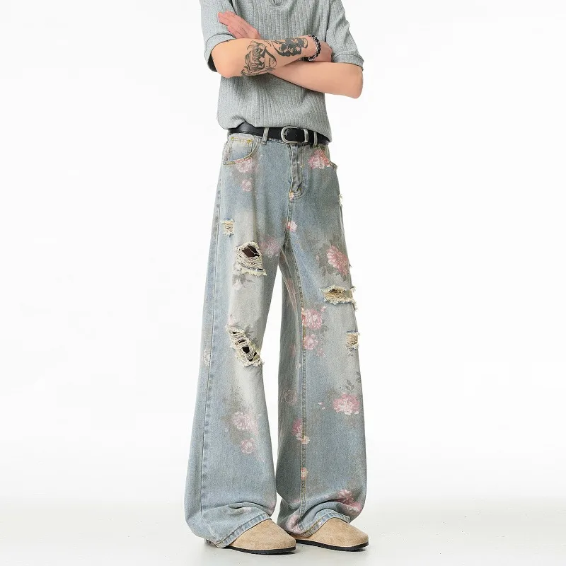 

American High Street Baggy Denim Pants - Men's Retro Floral & Ripped Design Loose Straight Leg Streetwear Jeans