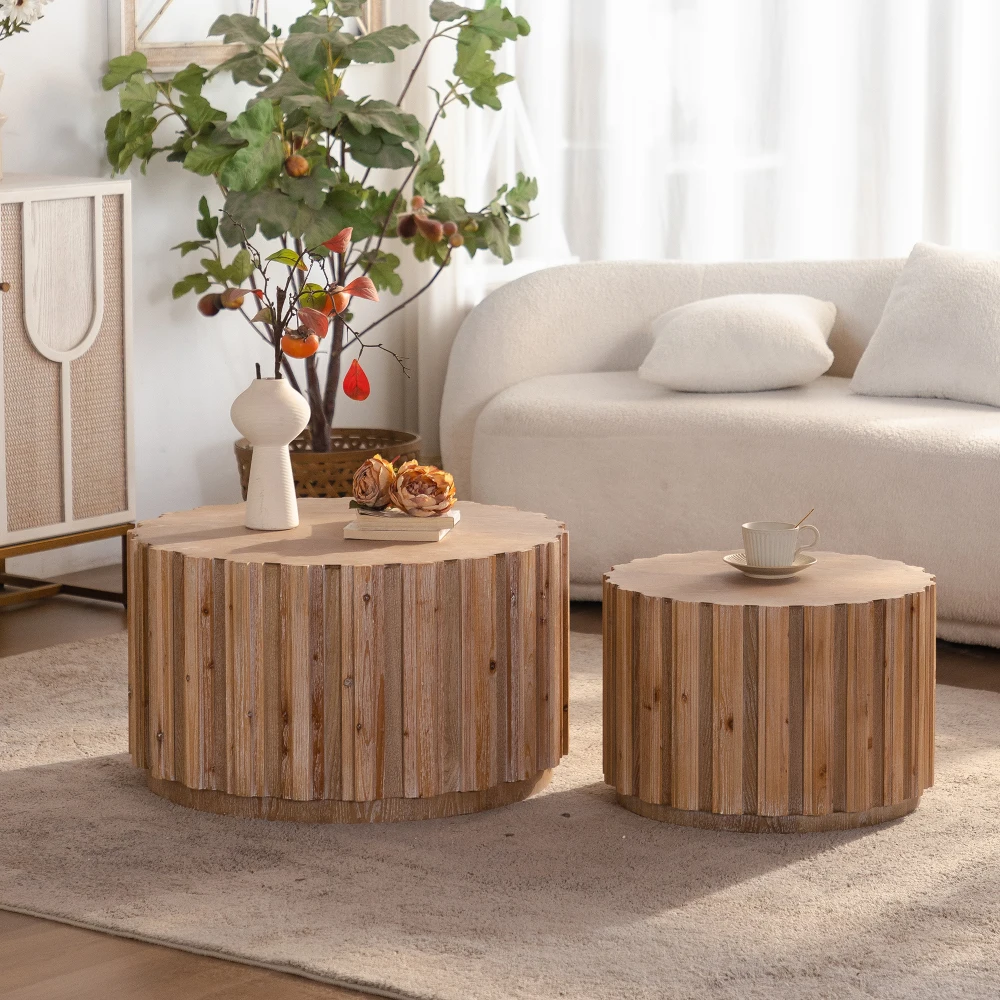 Walnut Wood Round Multi-functional Nesting Coffee Table Set (2 Pieces), Flexible Arrangement To Create A Sense of Depth. 19.7-inch + 27.5-inch, Striped Tabletop, Rustic Farmhouse Style, Suitable for Living Rooms.