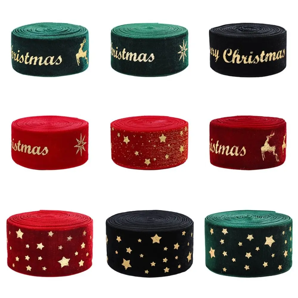 

2.5CM Width Wired Velvet Ribbon 2M Length High-Quality Gold Foil Print Ribbon Elk/Star Mulyi-purpose Christmas Packaging Ribbon