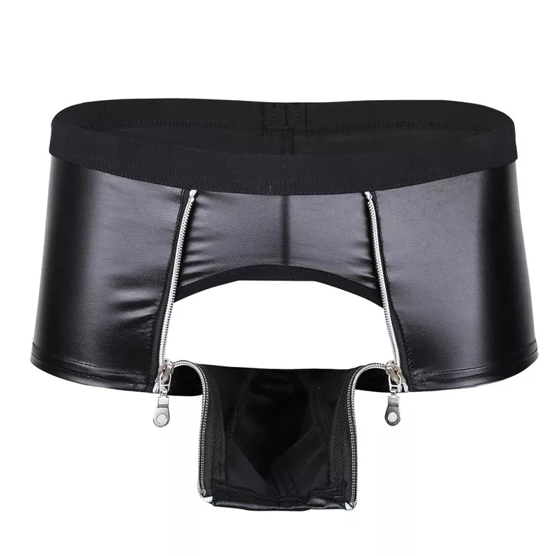 Mens Pu Leather Underwear Sexy Boxer Shorts Double Zipper Front Large Pouch BDSM Gay Fetish Plus Size Ropa Interior Fetiche