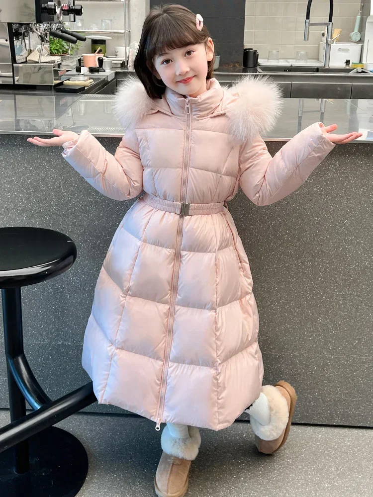 Girls Padded Coat Cotton Jacket Children Mid-length Warm Down Jacket Fashion Big Fur Collar Snow Clothing For Kids TR220