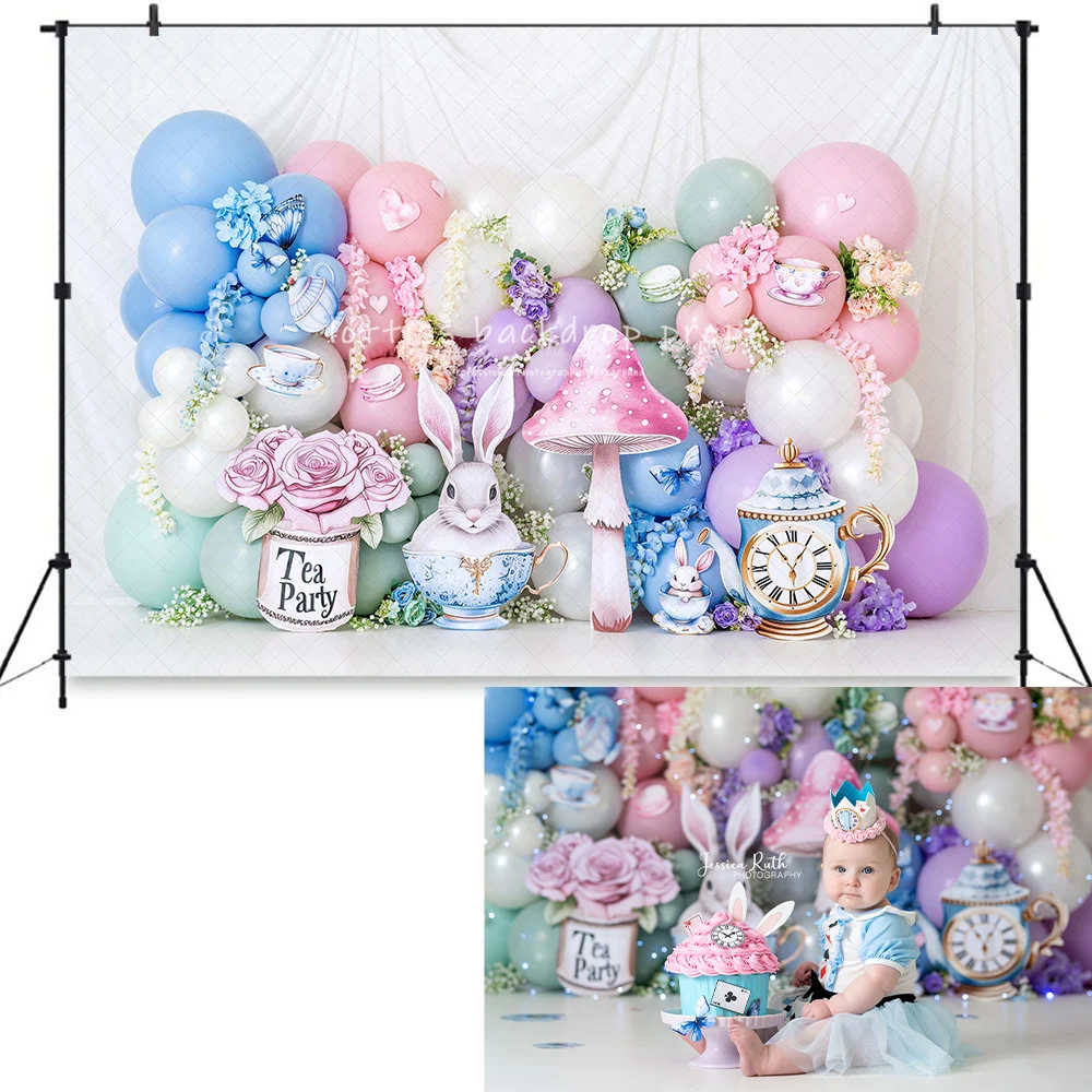 Wonderland Tea Party Balloons Backdrops Kids Baby Birthday Cake Smash Child Newborn Photocall Bunny Floral Garden Backgrounds