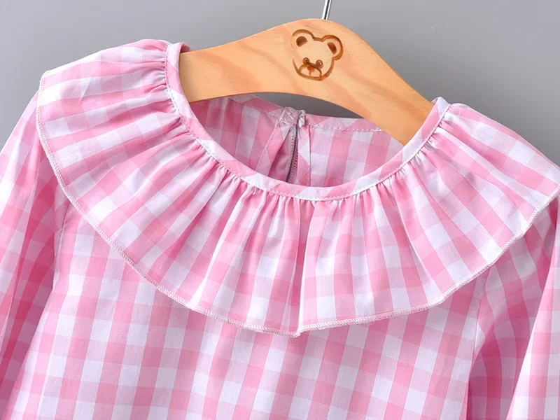 2024 Spring Baby Girls Full Sleeve Blouse Children Checkered Ruffles Collar Shirt Top Kids Flare Jumper Clothes