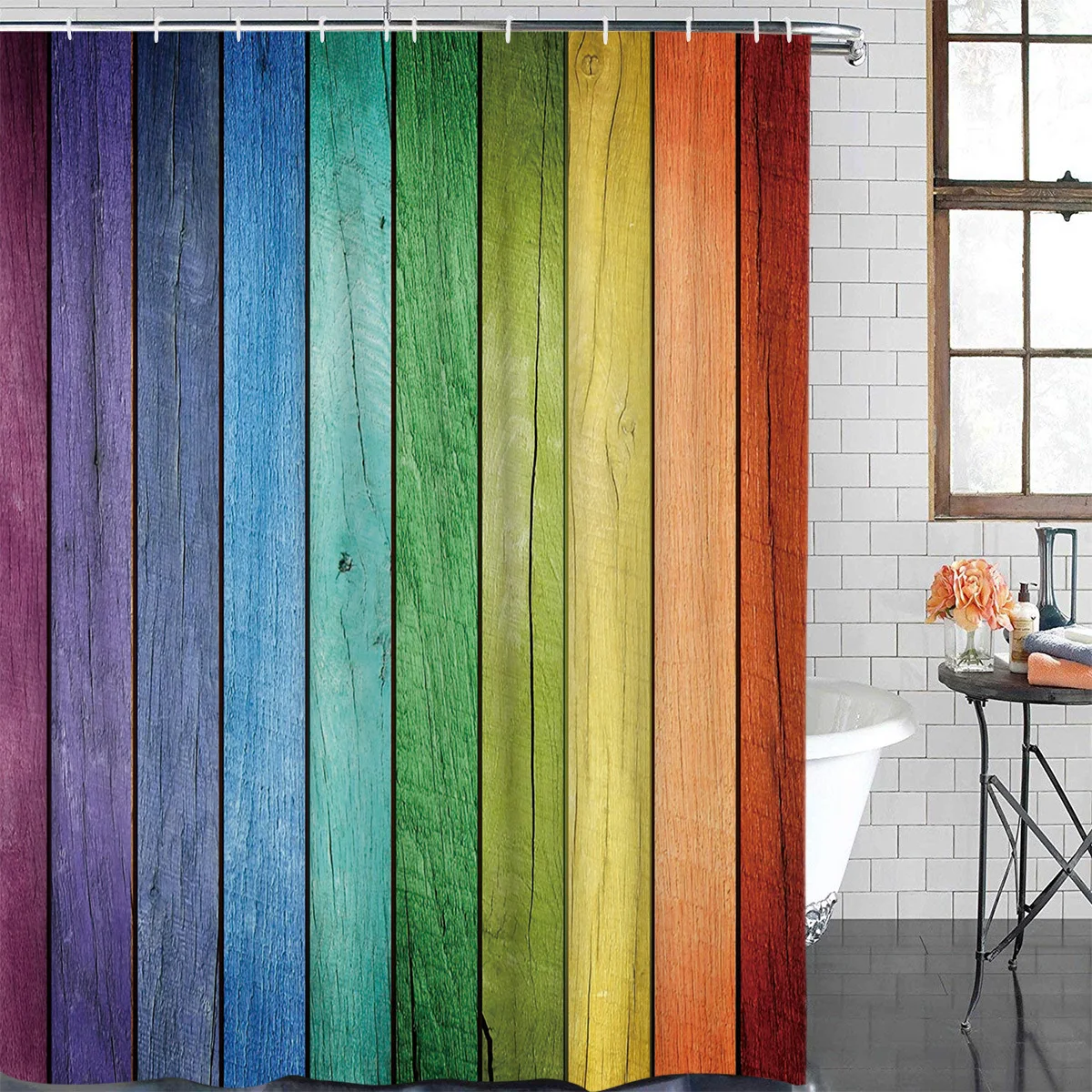 Colorful Rainbow Wood Planks Waterproof Bathroom Decoration Shower Curtain With Hook Bathtub Curtains Bathroom Accessories