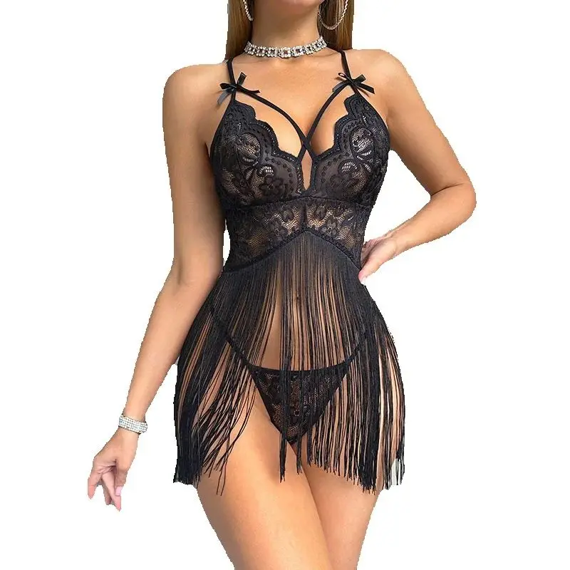 Hollow Lace Pajamas Skirt Women Nightdress Patchwork Tassel Seamless Underwear Mini Dress Backless Nightgown Sexy Pajamas