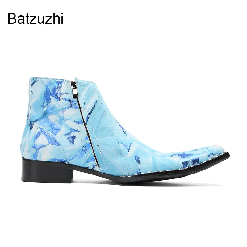 

Batzuzhi Handmade Blue Ankle Leather Boots Men Punk Luxury Men's Boots Lace-up Zip Fashion Party, Wedding Boots Man, US6-12