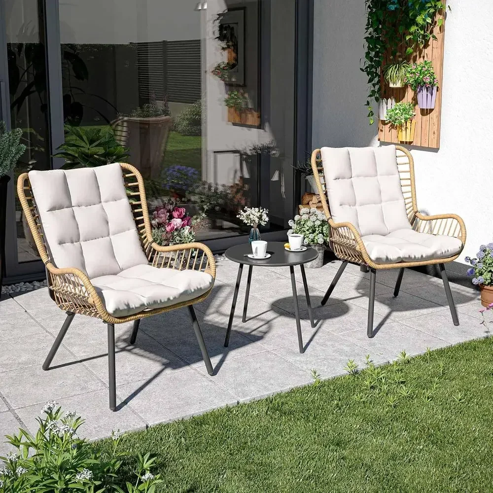 Compact Outdoor Bistro Set with Coffee Table and Plush Cushions for Patio, Porch, Garden, and Poolside in White