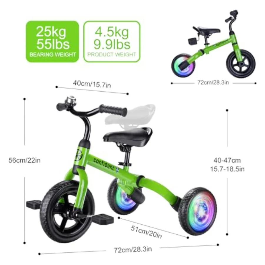 3 in 1 Folding Balance Bike for Toddlers Age 2-5 Years Old Green Ride-on Toy with Adjustable Seat and Removable Pedals Lightwei