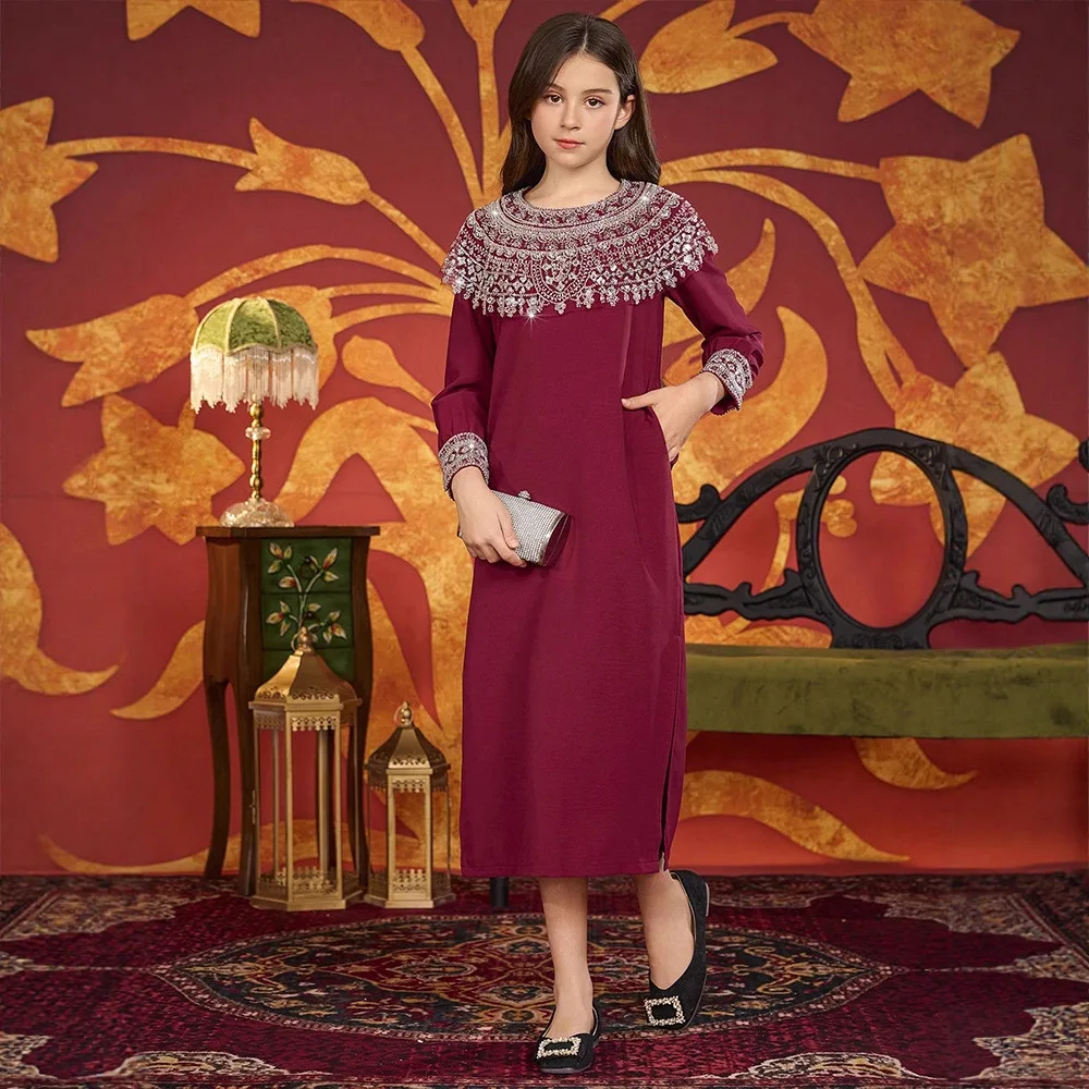 Morocco Muslim Kids Girls Beaded Maxi Dress Robe Ramadan Eid Islamic Children Clothing Arabic Abaya Turkey Kaftan Party Gown New