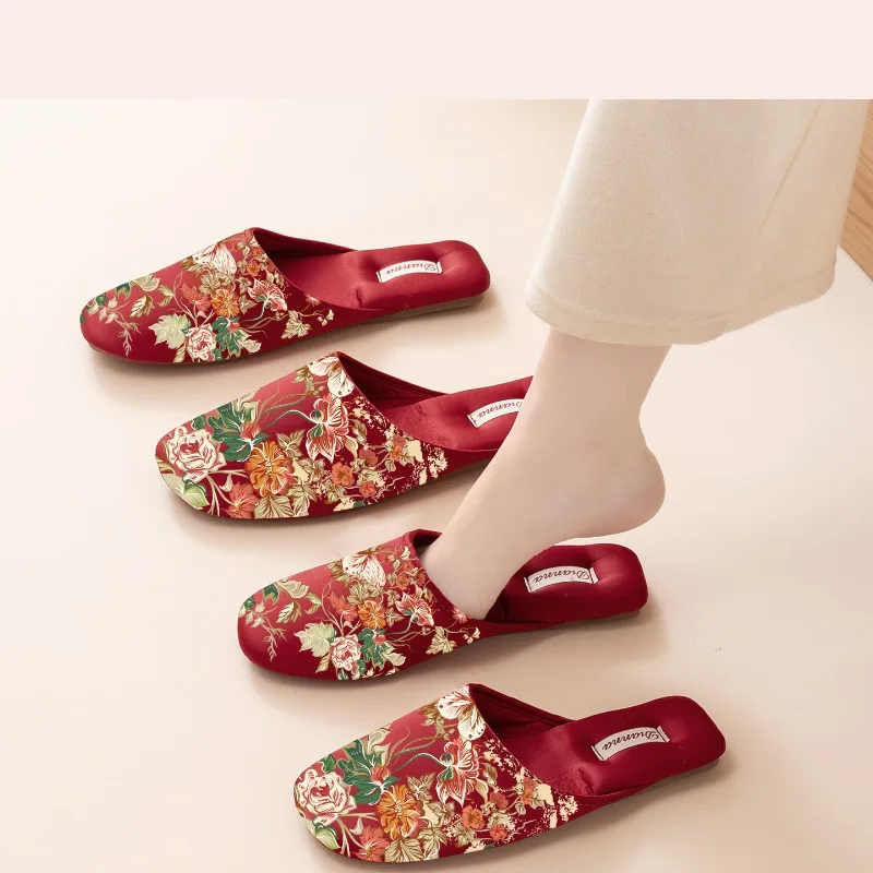 Bridegroom Bride Wedding Slippers Vintage Chinese Style Print Flower Wedding Supplies Photo Props Casual Women's Sandals Shoes