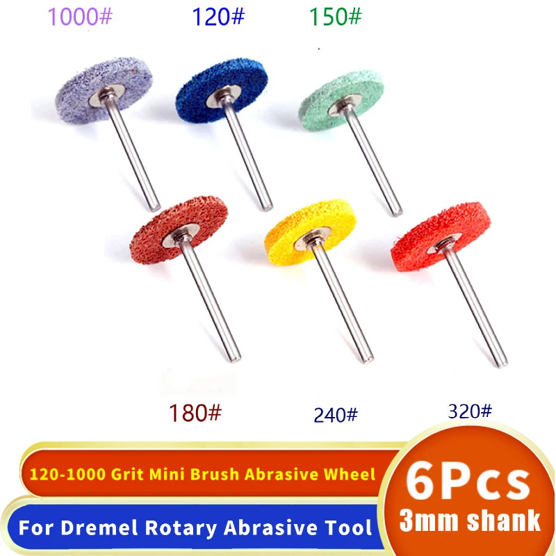 6pcs Mini Brush Abrasive Wheel Nylon Fiber Grinding Sanding Head +1pcs 3mm Shank Buffing Polishing Wheel Tools For Dremel