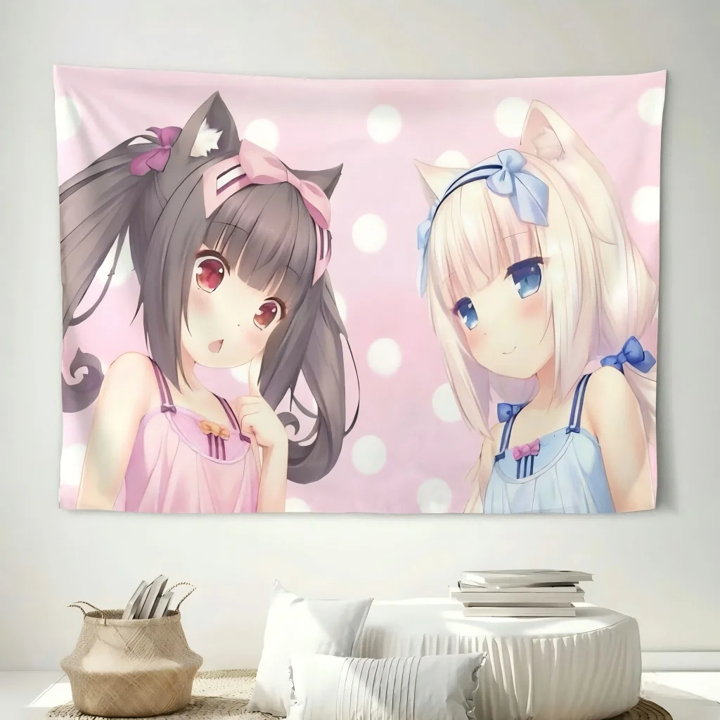 Nekopara Kawaii Pastel Flag Chocola Vanilla Cat Girls Pink Polka Dot Camisole Anime Banner Dorm Bedroom Streaming Hanging Decor