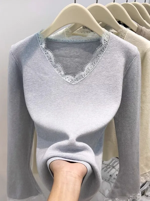 

French Sle Long Sve Lace Patchwork V-Ne Knitwear Women's Slim Fit Autumn Winter New Sle Inner Wear Base Top