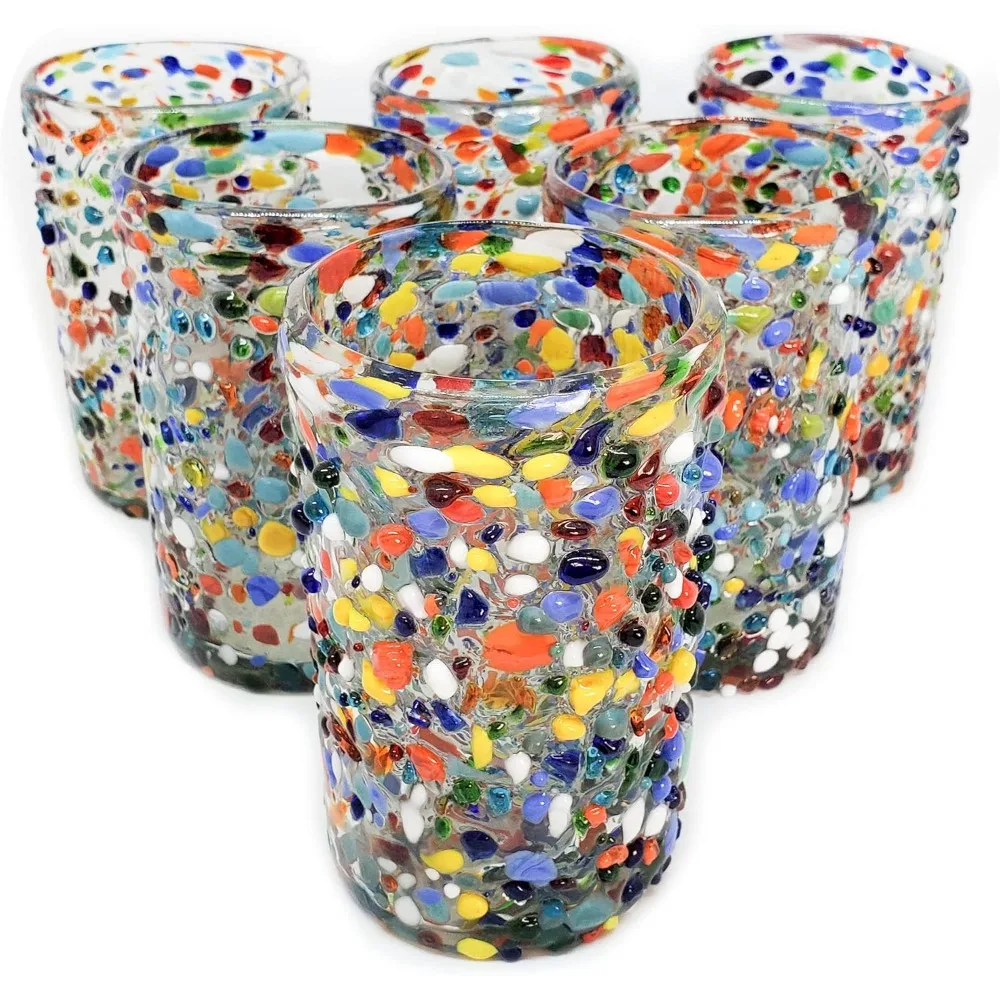 Confetti 14 oz Drinking Glasses, set of 6, Mexican Handmade Multicolor Glassware, Recycled Glass, Lead & Toxin Free (Drinking)