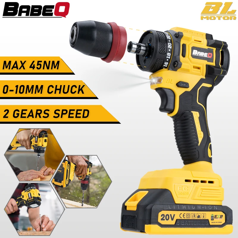 BABEQ 45NM Brushless Electric Drill Household 2 IN 1 Cordless Electric Screwdriver Drill Power Tool for Makita 18v Battery