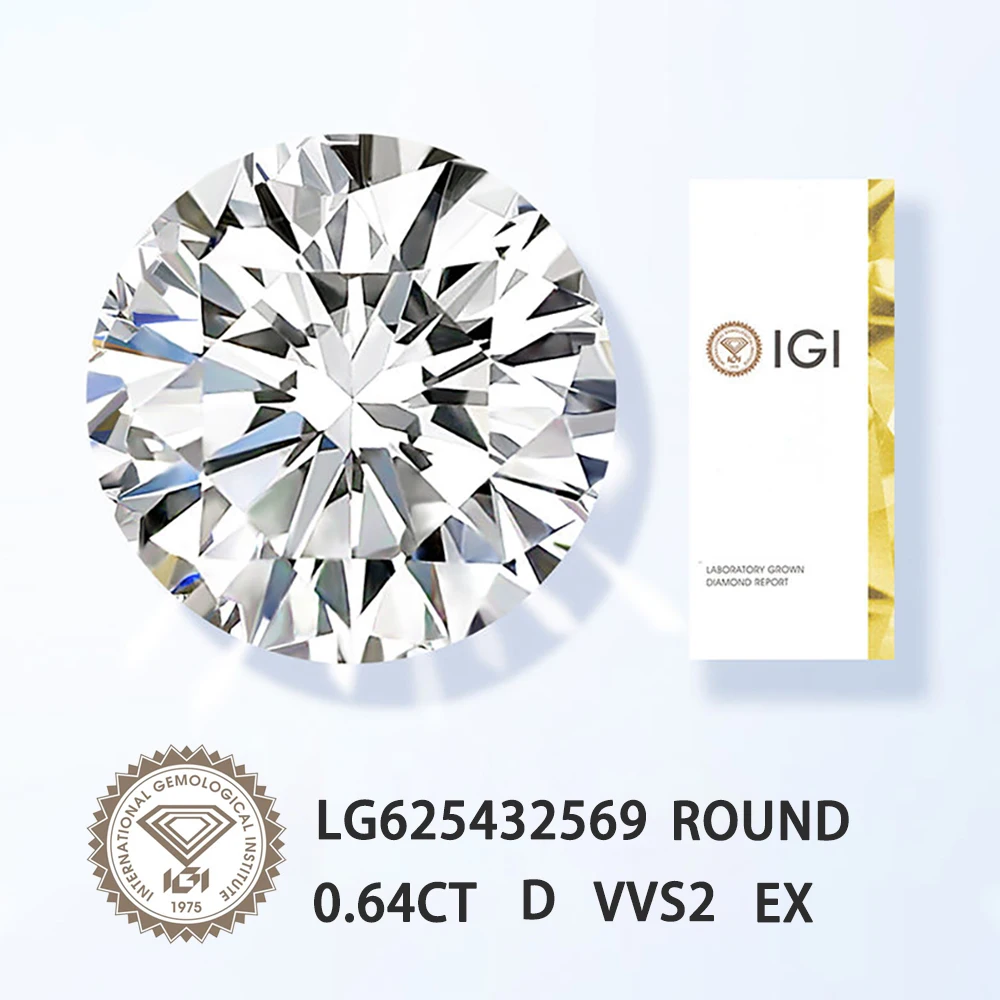 Diamante solto para jóias personalizadas, corte redondo D cor VVS2 clareza, IGI certificado laboratório crescido diamante, CVD HPHT, 0,64 CT