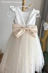 Off White Top Flower Girl Dress Satin Tulle Light Champagne Tulle Flower Girl Dress with Pearls Cap Sleeves with Bow Kids Child