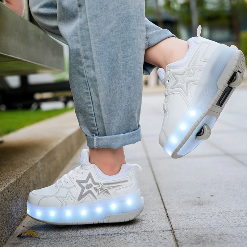 

NEW 2 in 1 Deformation Roller Skate Shoes Outdoor with Detachable Removable Pulley Skates Sneakers Skating Parkour with 2 Wheels