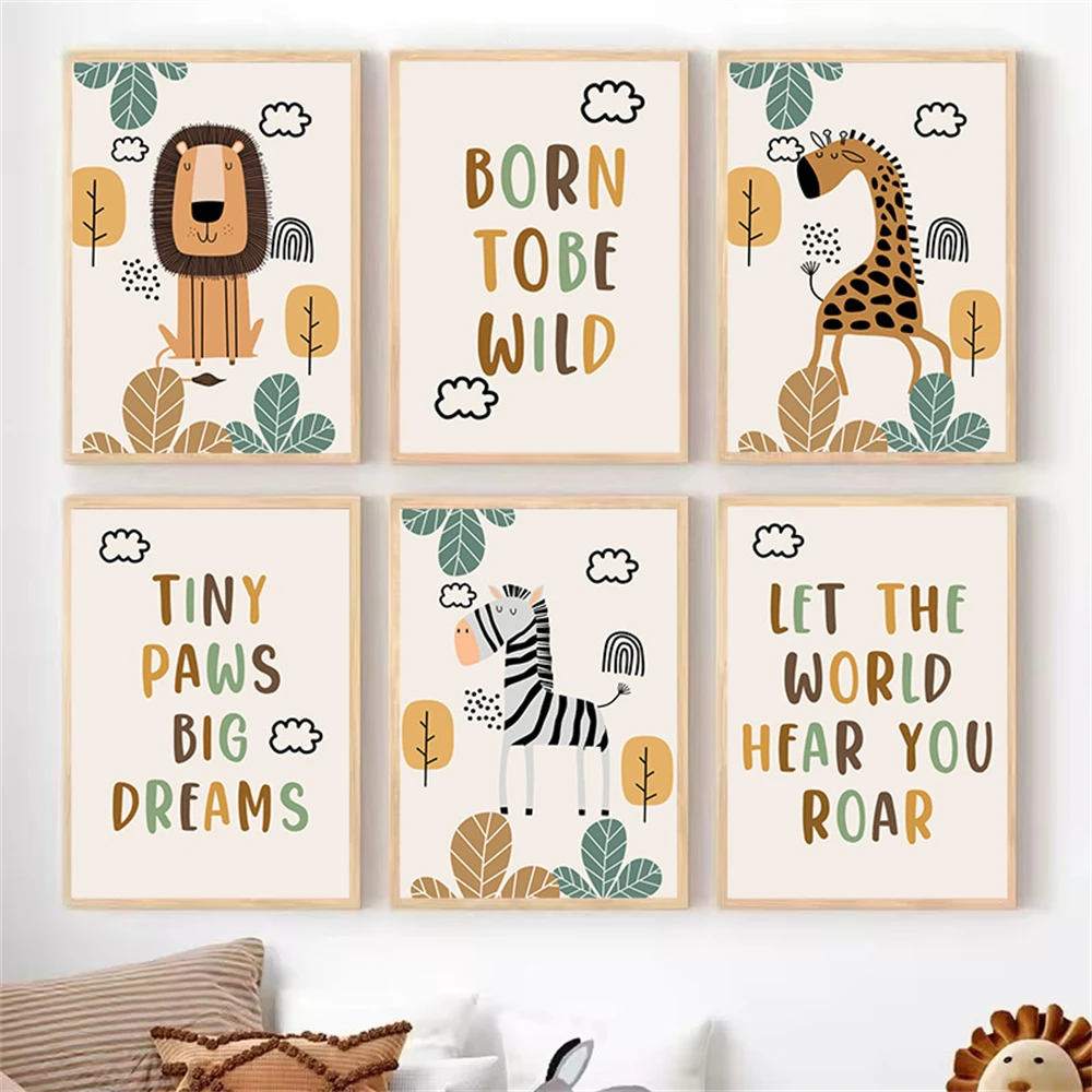 

Cute Zebra Giraffe Lion Posters Wall Art Canvas Painting Jungle Animals Nursery Print Nordic Wall Pictures Baby Kids Room Decor