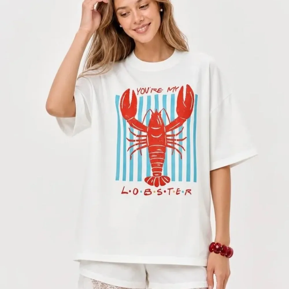 Cotton Summer Women Tee Short Sleeve Lobster Print Loose Fit Round Neck Casual Fashion Tops Breathable Soft Female Shirt