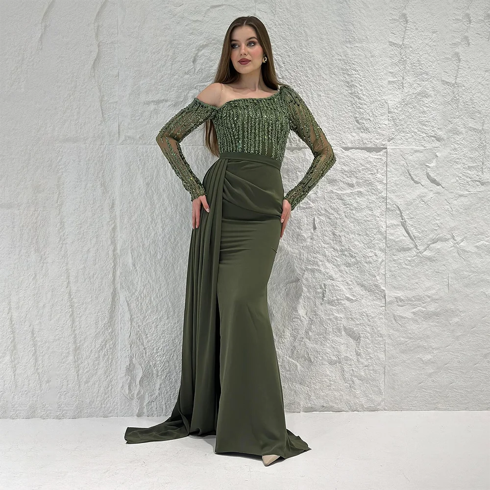 

Армейское зеленое вечернее платье по индивидуальному заказу с блестками и бусинами с длинными рукавами, роскошные вечерние платья для женщин, 2022, длинное вечернее платье русалки