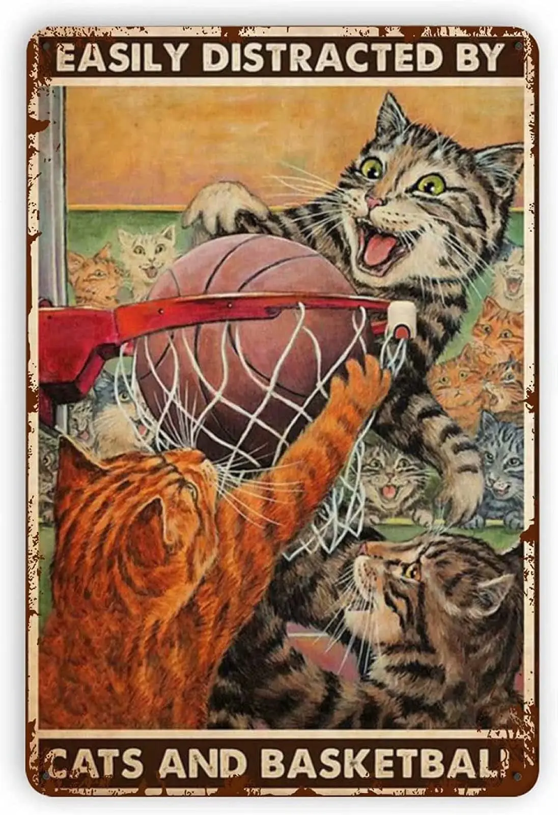 Retro Metal Tin Sign Wall Decor - Easily Distracted by Cats - Funny Vintage Tin Sign Wall Plaque Poster for Cafe Bar Restaurant