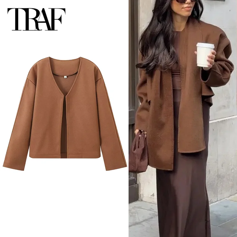 TRAF Cropped Wool&Blends Jackets 2024 Women's Autumn Winter Scarf Short Jacket Outerwears Elegant Casual Brown Long Sleeve Coats