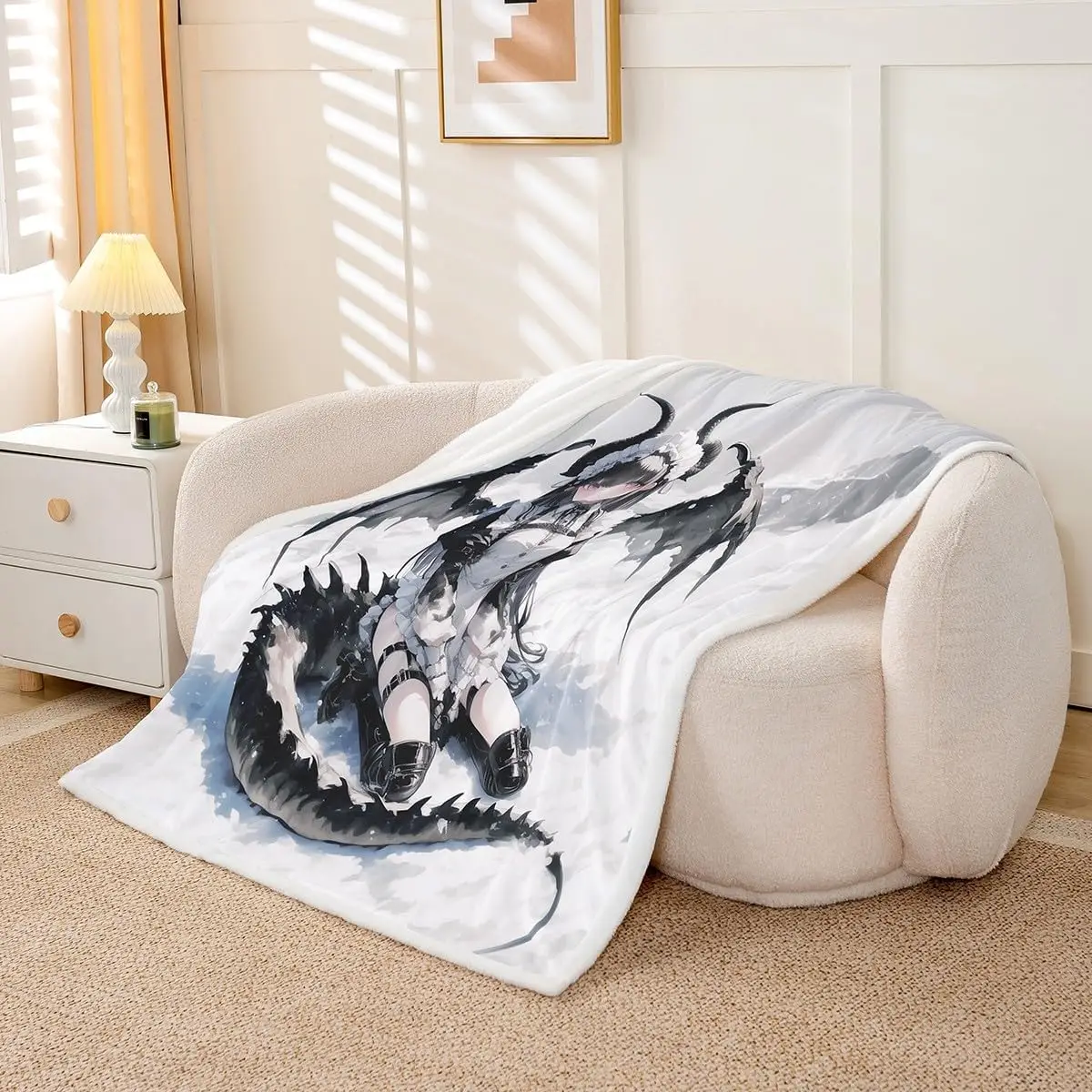 Dark Anime Horned Maid Dragon Tail Snow Landscape Flannel Blanket Indoor Outdoor Soft Dreamy Warm Home Holiday Decor Gift