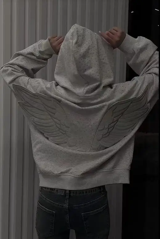 GC Women Grey Angel Wing Embroidered Hoodie Cute Kawaii Pullover Sweatshirt Wing Decoration Back Y2K Street Loose Pullover