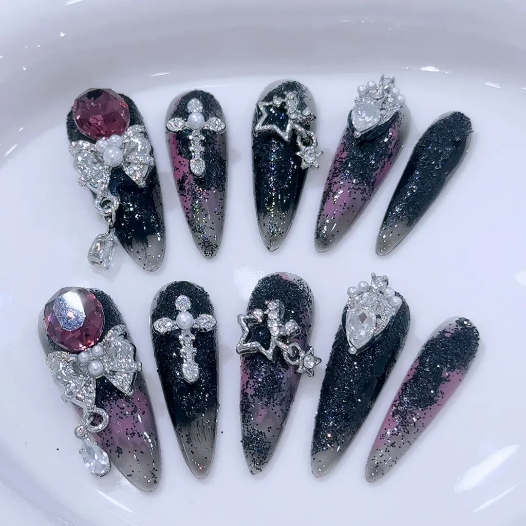 Niche Luxury Handmade Press On Nails Oblivion Dark Spice Girls Fake Nails Bow Star Cross Diamond Purple Long Tip Nail Art