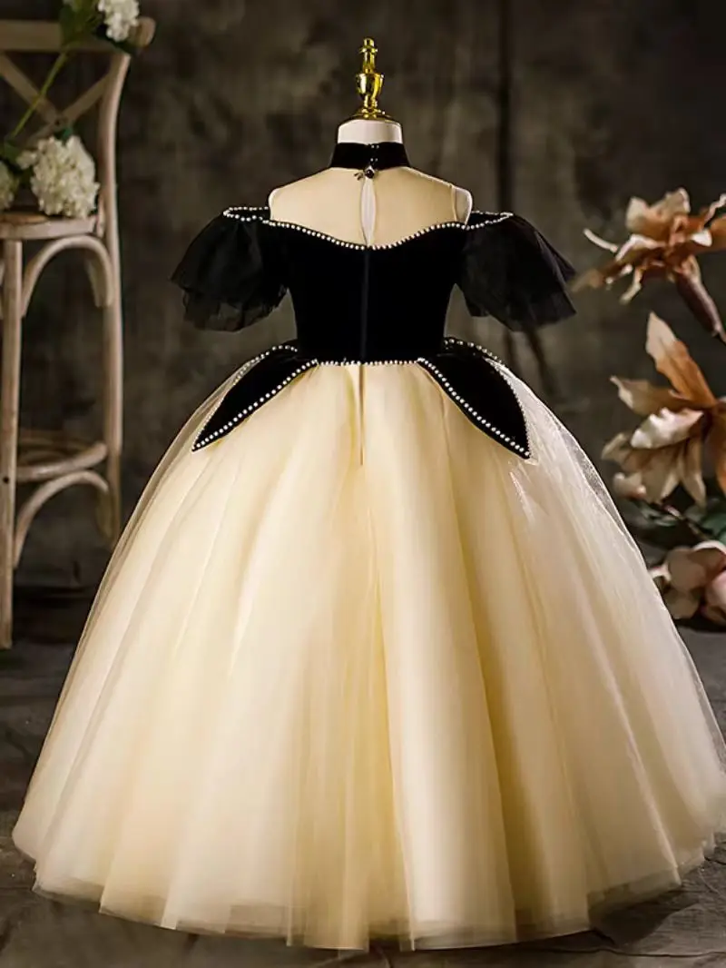 Jill Wish Elegantes schwarzes Mädchenkleid mit Perlen, schulterfrei, Festzug, Prinzessin, Kinder, Hochzeit, Geburtstag, Party, langes Ballkleid 2025, J115