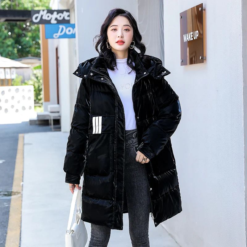 

Glossy Down Cotton Coats Women Overcoat 2023 Winter New Padded Jacket Female Korean Loose Long Outwear Thicke Warm Hooded Parka